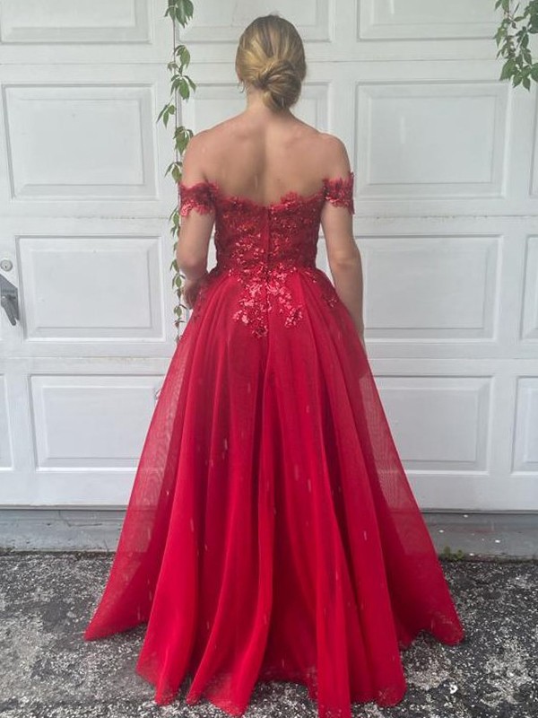 A-Line/Princess Off-the-Shoulder Tulle Applique Sleeveless Floor-Length Dresses 3827