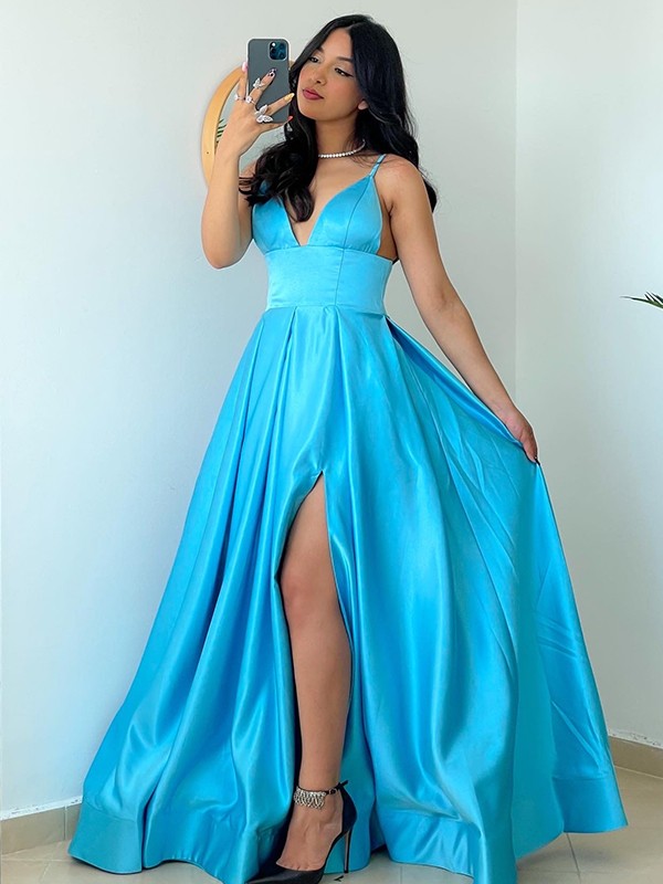 A-Line/Princess Spaghetti Straps Satin Sleeveless Ruffles Floor-Length Dresses 4700