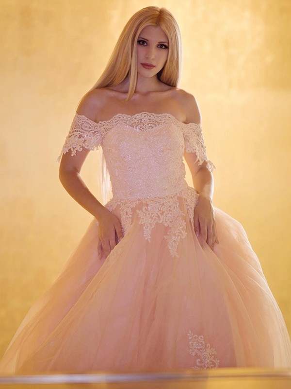 Ball Gown Tulle Lace Off-the-Shoulder Sleeveless Court Train Dresses 5793