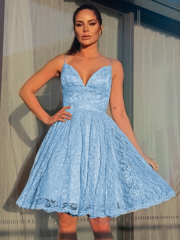 A-Line/Princess Satin Lace V-neck Sleeveless Short/Mini Homecoming Dresses 4112