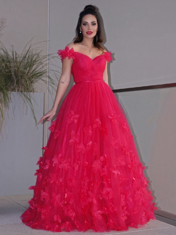 A-Line/Princess Tulle Hand-Made Flower Off-the-Shoulder Sleeveless Floor-Length Dresses 5304