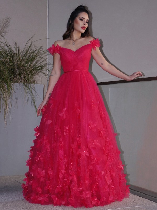 A-Line/Princess Tulle Hand-Made Flower Off-the-Shoulder Sleeveless Floor-Length Dresses 5304