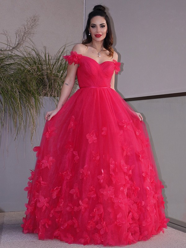 A-Line/Princess Tulle Hand-Made Flower Off-the-Shoulder Sleeveless Floor-Length Dresses 5304