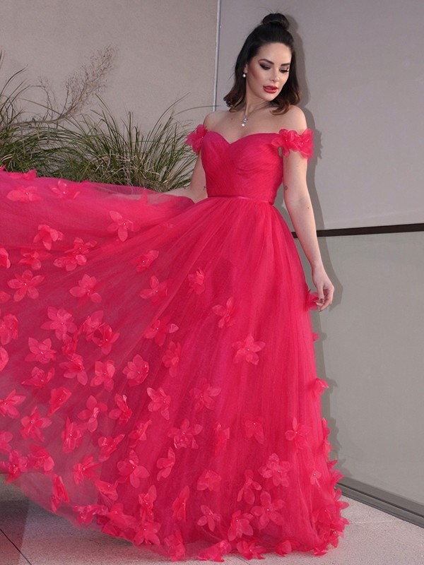 A-Line/Princess Tulle Hand-Made Flower Off-the-Shoulder Sleeveless Floor-Length Dresses 5304