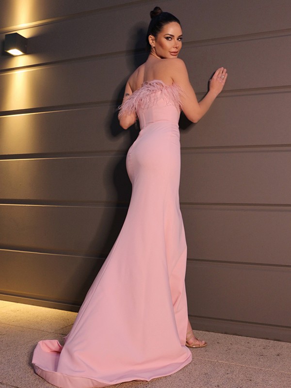 Sheath/Column Stretch Crepe Feathers/Fur Strapless Sleeveless Sweep/Brush Train Dresses 6720