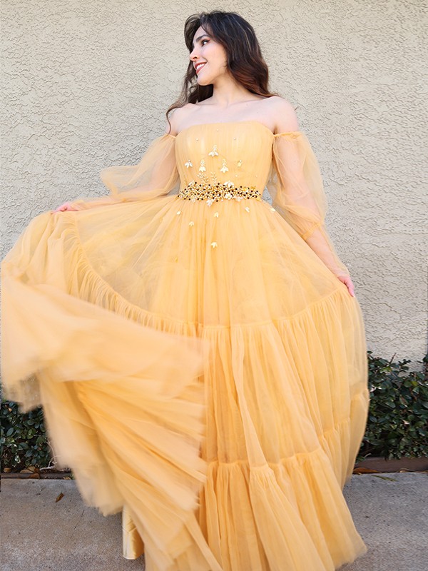 A-Line/Princess Tulle Beading Off-the-Shoulder Long Sleeves Floor-Length Dresses 5275