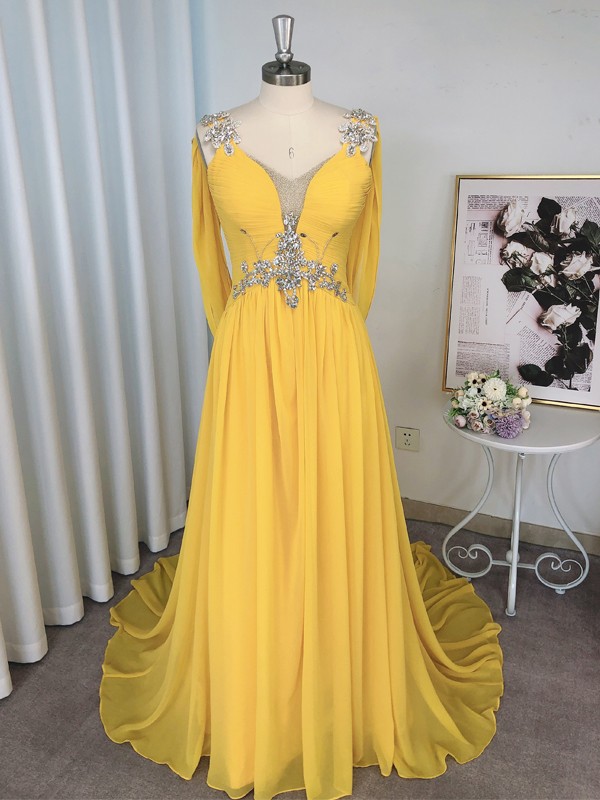 A-Line/Princess Chiffon Beading Straps Sleeveless Sweep/Brush Train Dresses 3461