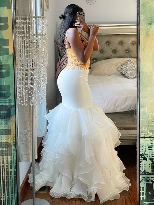 Trumpet/Mermaid Organza Applique Spaghetti Straps Sleeveless Floor-Length Dresses 7188