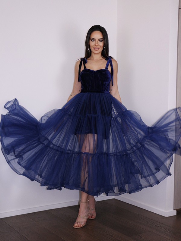 A-Line/Princess Tulle Ruffles Spaghetti Straps Sleeveless Tea-Length Homecoming Dresses 5366