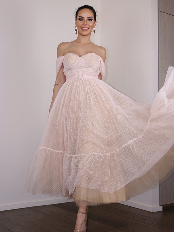 A-Line/Princess Lace Ruched Off-the-Shoulder Sleeveless Tea-Length Homecoming Dresses 3724