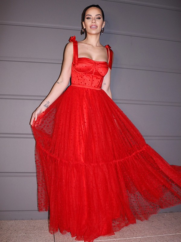 A-Line/Princess Lace Ruffles Square Sleeveless Floor-Length Dresses 3732