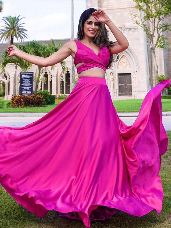 A-Line/Princess Satin Chiffon Ruched V-neck Sleeveless Floor-Length Two Piece Dresses 4091