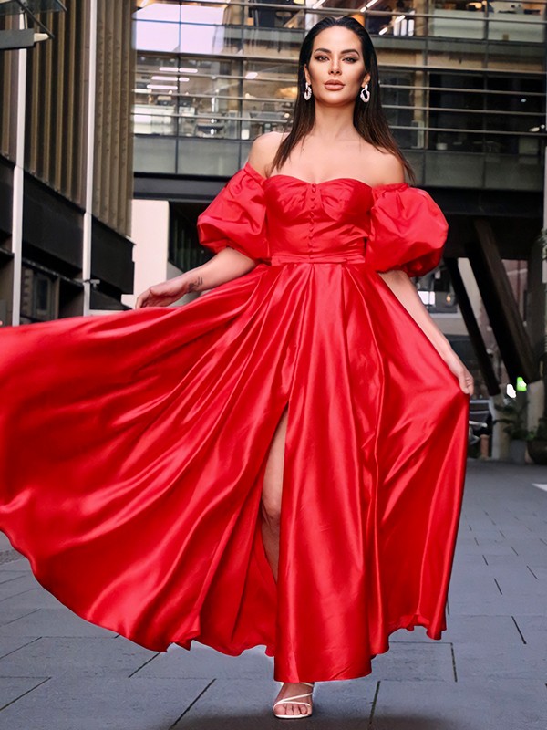 A-Line/Princess Satin Ruffles Off-the-Shoulder 1/2 Sleeves Ankle-Length Dresses 4149