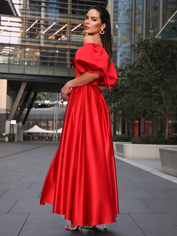 A-Line/Princess Satin Ruffles Off-the-Shoulder 1/2 Sleeves Ankle-Length Dresses 4149