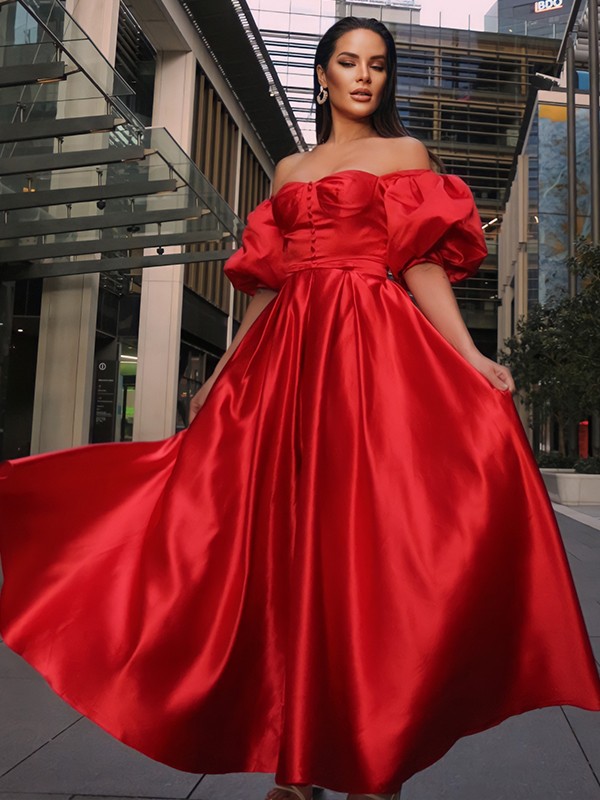 A-Line/Princess Satin Ruffles Off-the-Shoulder 1/2 Sleeves Ankle-Length Dresses 4149