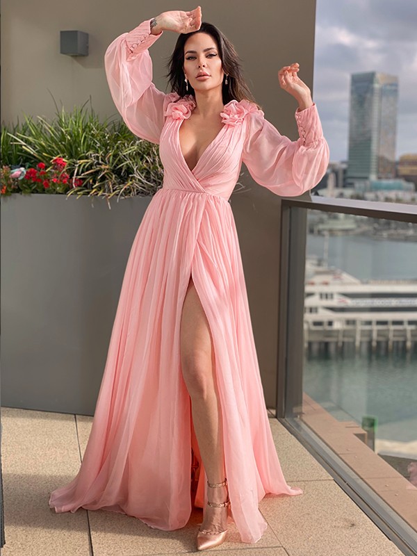 A-Line/Princess 30D Chiffon Ruffles V-neck Long Sleeves Sweep/Brush Train Dresses 3333