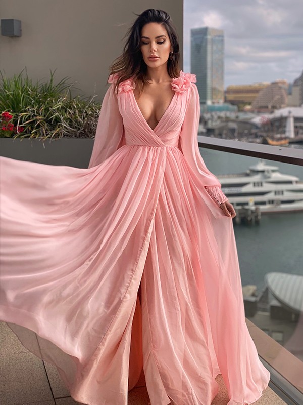 A-Line/Princess 30D Chiffon Ruffles V-neck Long Sleeves Sweep/Brush Train Dresses 3333