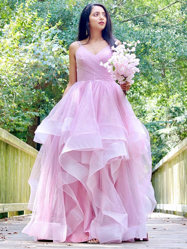 A-Line/Princess Tulle Ruffles Spaghetti Straps Sleeveless Floor-Length Dresses 5364