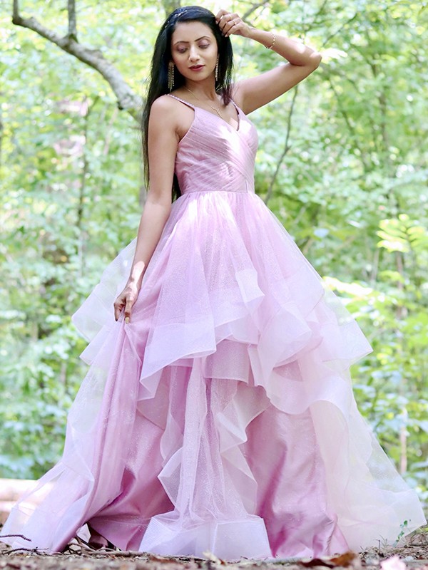 A-Line/Princess Tulle Ruffles Spaghetti Straps Sleeveless Floor-Length Dresses 5364