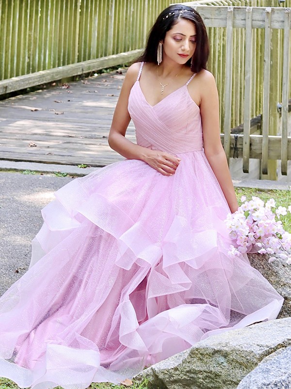 A-Line/Princess Tulle Ruffles Spaghetti Straps Sleeveless Floor-Length Dresses 5364