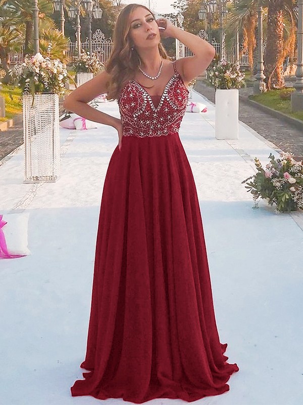 A-Line/Princess Chiffon Beading Spaghetti Straps Sleeveless Floor-Length Dresses 3459