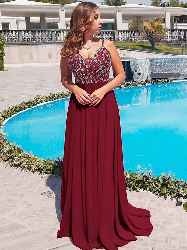 A-Line/Princess Chiffon Beading Spaghetti Straps Sleeveless Floor-Length Dresses 3459