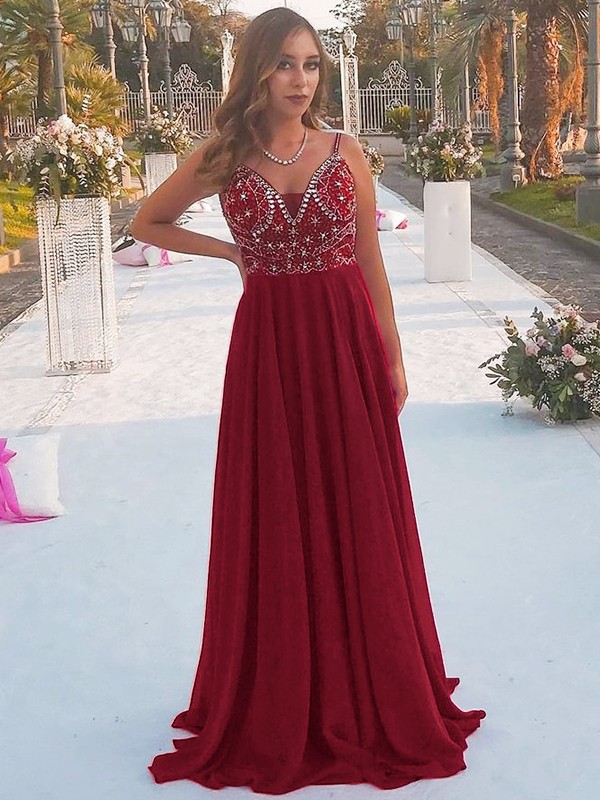 A-Line/Princess Chiffon Beading Spaghetti Straps Sleeveless Floor-Length Dresses 3459