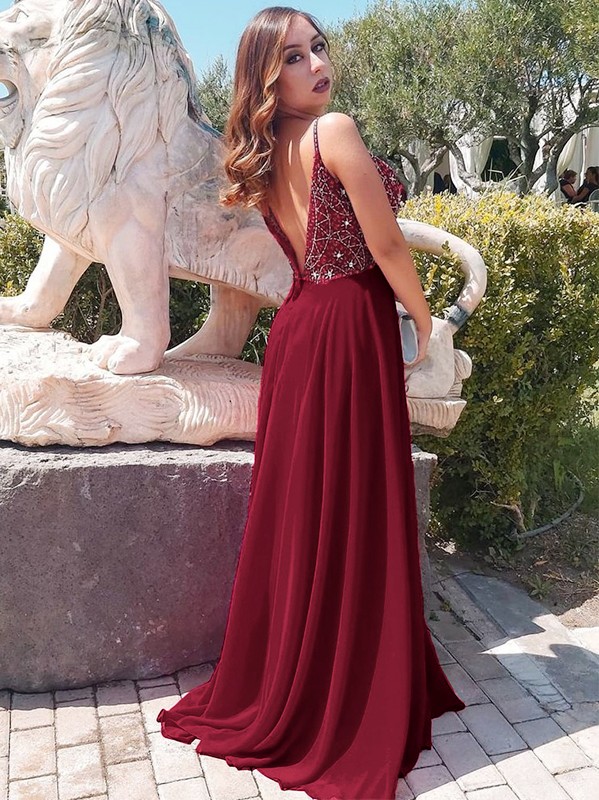 A-Line/Princess Chiffon Beading Spaghetti Straps Sleeveless Floor-Length Dresses 3459