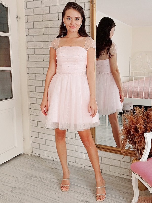 A-Line/Princess Tulle Beading Strapless Short Sleeves Short/Mini Dresses 5292