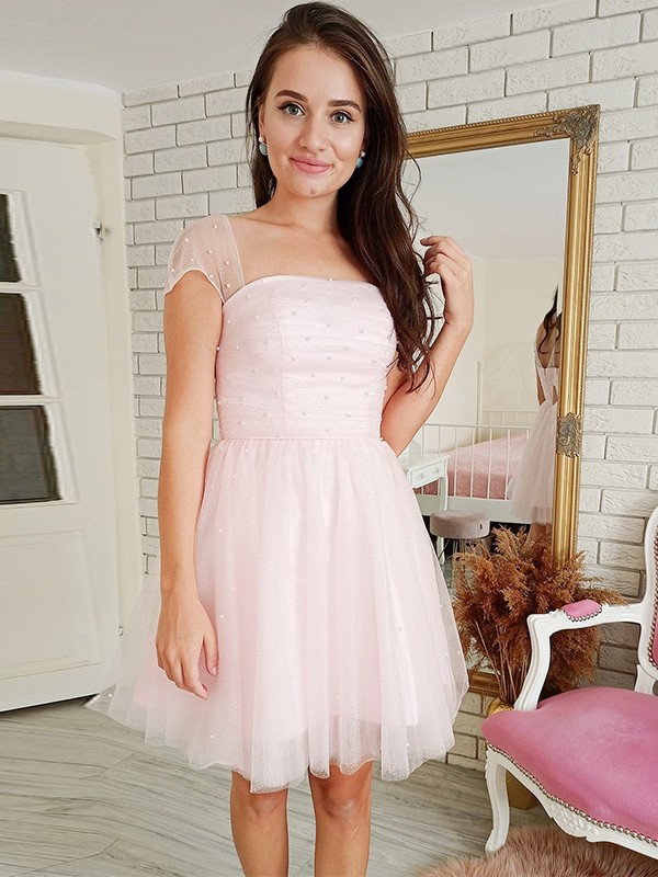 A-Line/Princess Tulle Beading Strapless Short Sleeves Short/Mini Dresses 5292