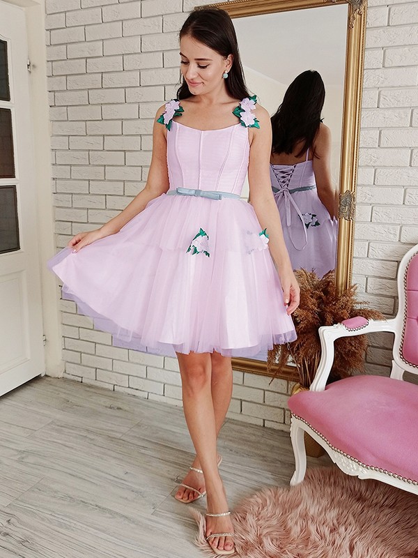 A-Line/Princess Tulle Hand-Made Flower Square Sleeveless Short/Mini Dresses 5307