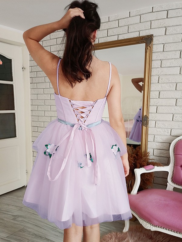 A-Line/Princess Tulle Hand-Made Flower Square Sleeveless Short/Mini Dresses 5307