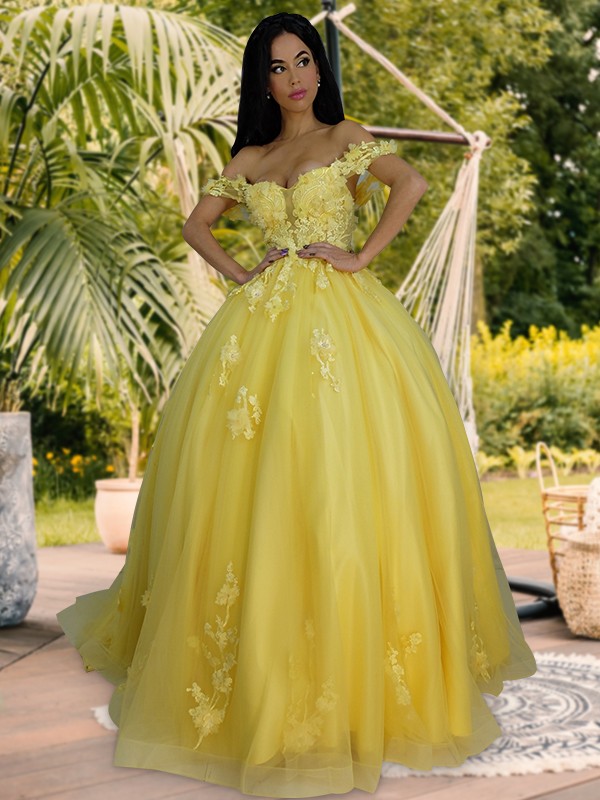 Ball Gown Tulle Applique Off-the-Shoulder Sleeveless Sweep/Brush Train Dresses 5783