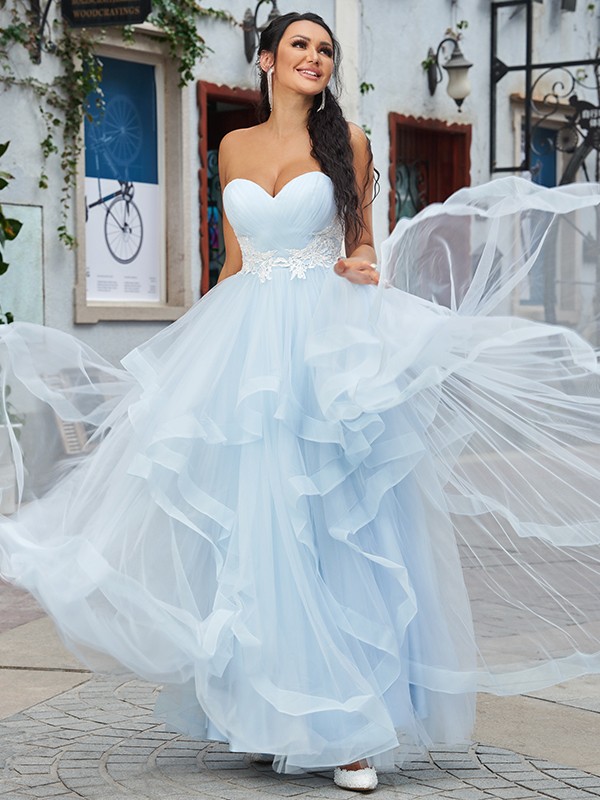 A-Line/Princess Tulle Applique Sweetheart Sleeveless Floor-Length Dresses 5198