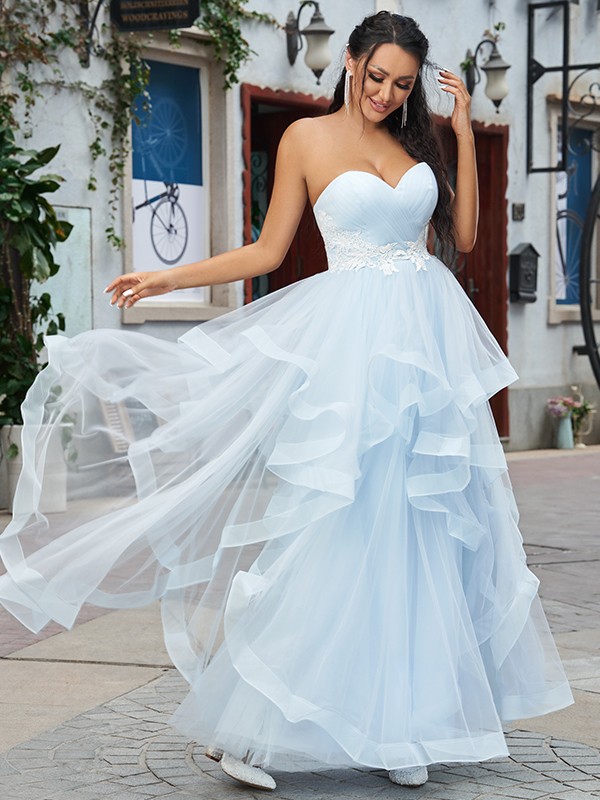 A-Line/Princess Tulle Applique Sweetheart Sleeveless Floor-Length Dresses 5198