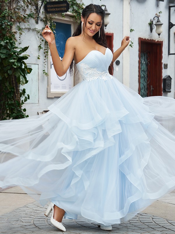 A-Line/Princess Tulle Applique Sweetheart Sleeveless Floor-Length Dresses 5198