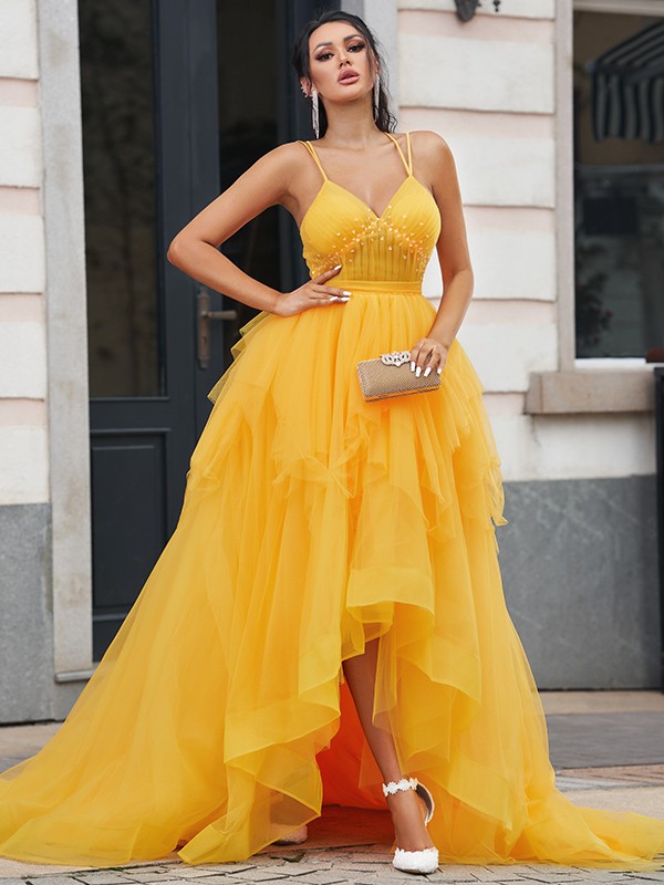 A-Line/Princess Tulle Ruffles V-neck Sleeveless Asymmetrical Dresses 5379