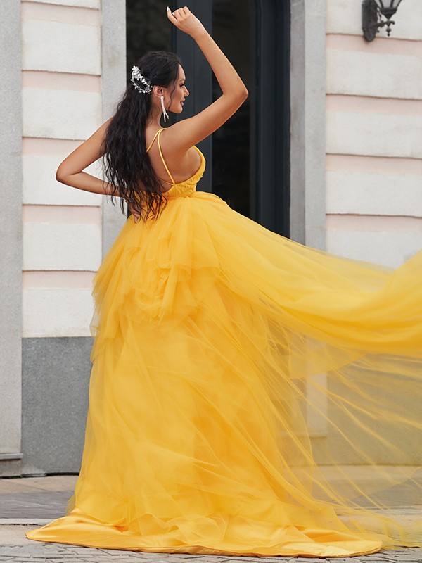 A-Line/Princess Tulle Ruffles V-neck Sleeveless Asymmetrical Dresses 5379