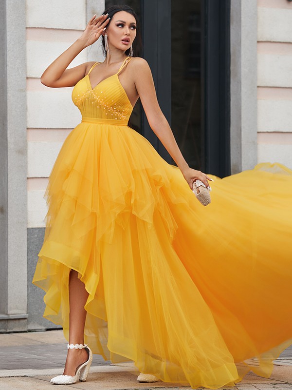 A-Line/Princess Tulle Ruffles V-neck Sleeveless Asymmetrical Dresses 5379