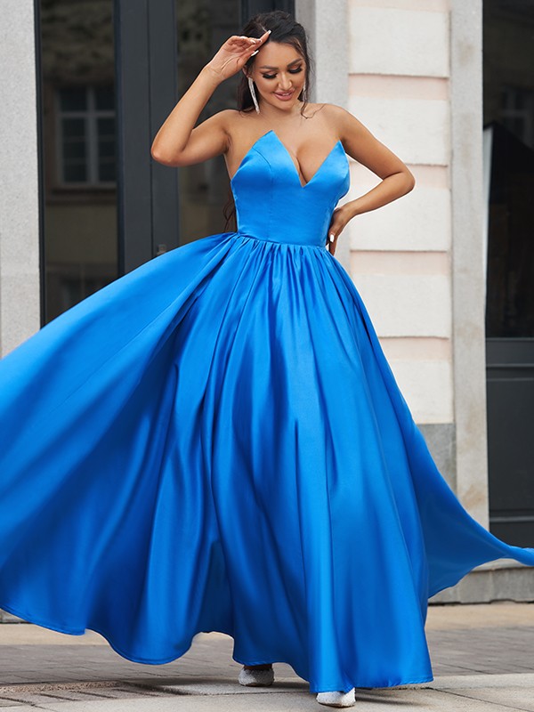 A-Line/Princess Satin Ruffles Sweetheart Sleeveless Floor-Length Dresses 4211