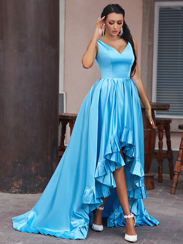 A-Line/Princess Satin Ruffles V-neck Sleeveless Asymmetrical Dresses 4221