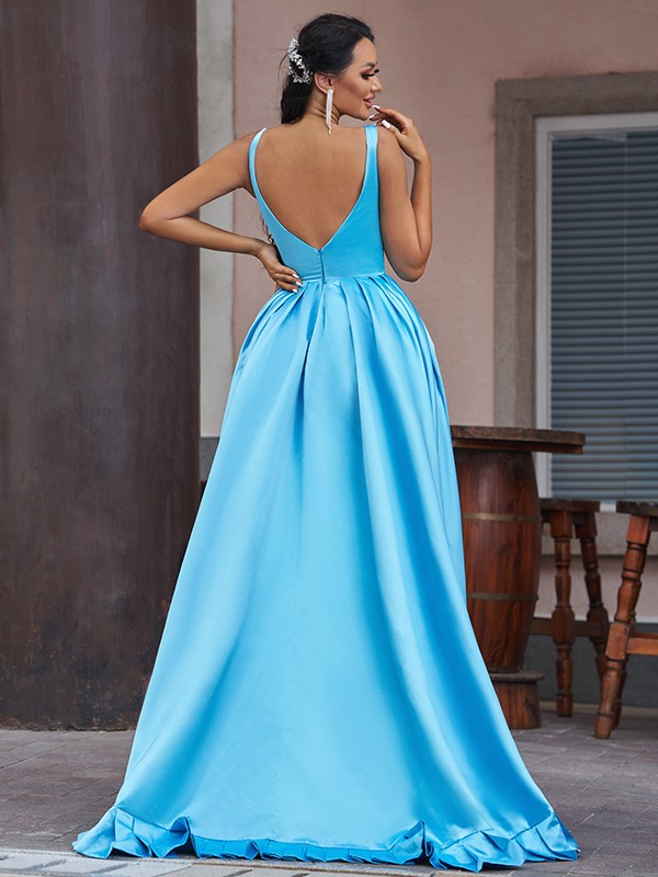 A-Line/Princess Satin Ruffles V-neck Sleeveless Asymmetrical Dresses 4221