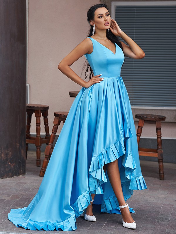 A-Line/Princess Satin Ruffles V-neck Sleeveless Asymmetrical Dresses 4221