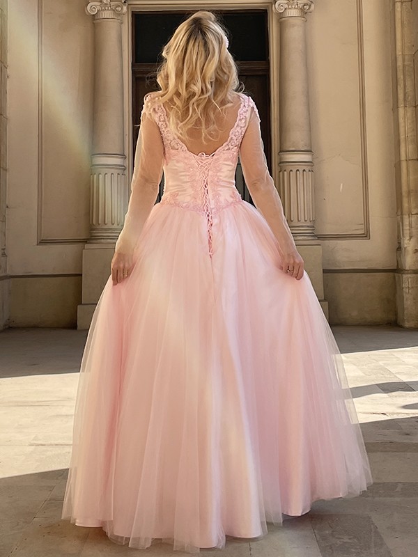 A-Line/Princess Tulle Applique V-neck Long Sleeves Floor-Length Dresses 5205