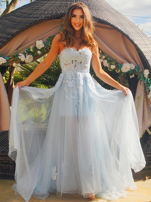 A-Line/Princess Tulle Applique Sweetheart Sleeveless Sweep/Brush Train Dresses 5200