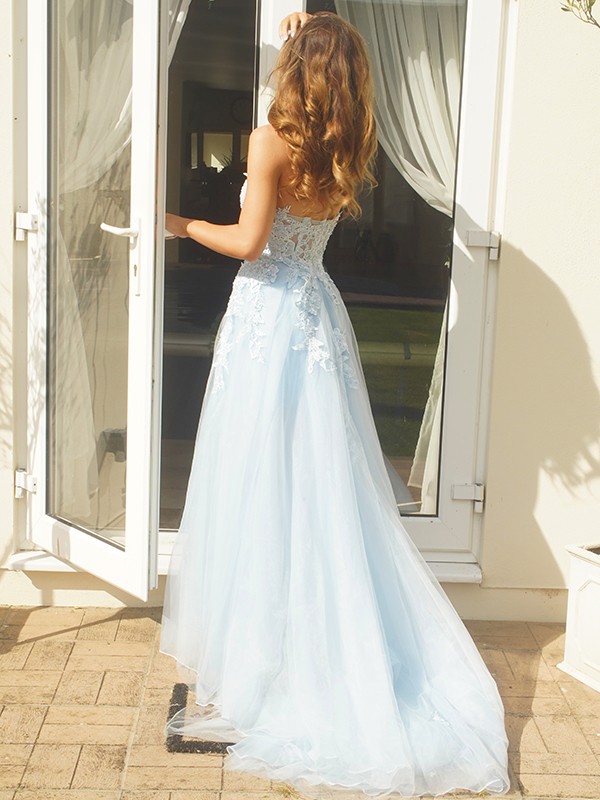 A-Line/Princess Tulle Applique Sweetheart Sleeveless Sweep/Brush Train Dresses 5200