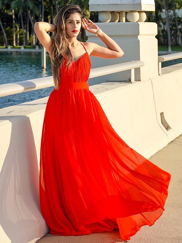 A-Line/Princess Chiffon Ruched V-neck Sleeveless Floor-Length Dresses 3482