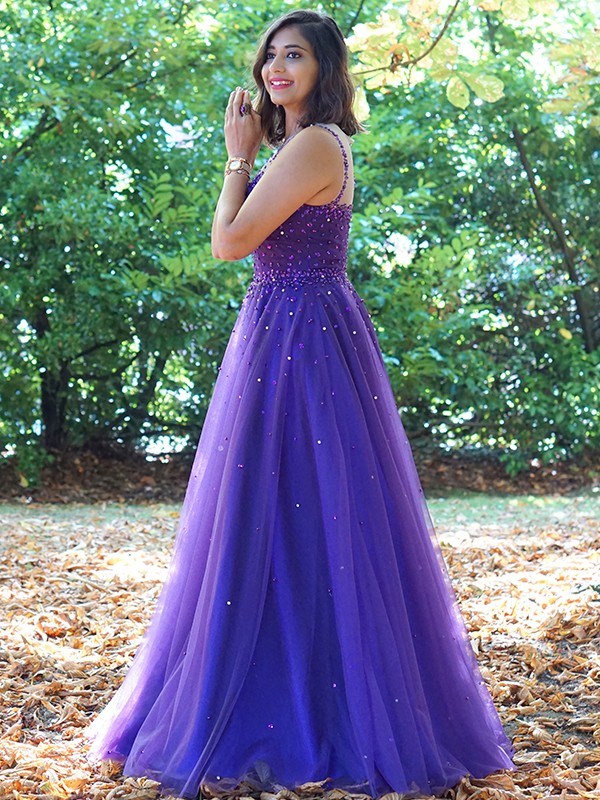 A-Line/Princess Tulle Beading Scoop Sleeveless Floor-Length Dresses 5280