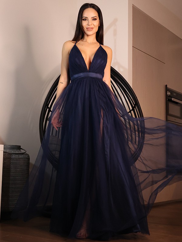 A-Line/Princess Tulle Ruffles V-neck Sleeveless Floor-Length Dresses 5381