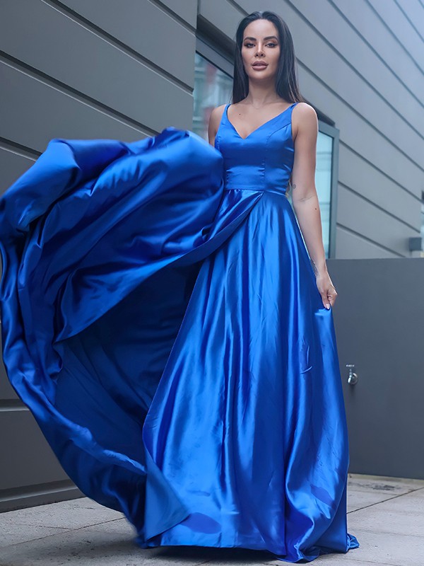 A-Line/Princess Silk like Satin Ruffles V-neck Sleeveless Sweep/Brush Train Dresses 4470